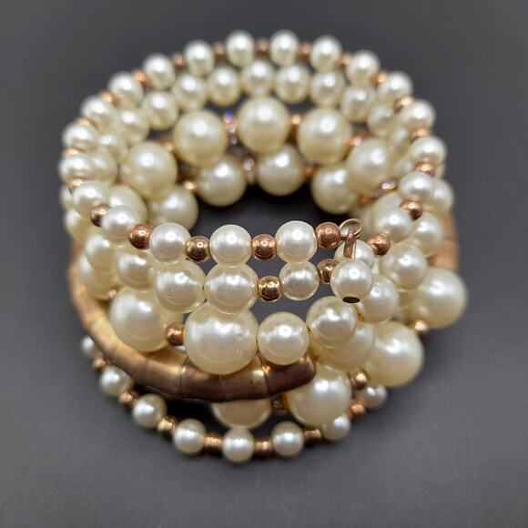 Vintage Memory Wire Faux Pearl Wide Brass Bead Bracelet, 44 Inches - Picture 2 of 10